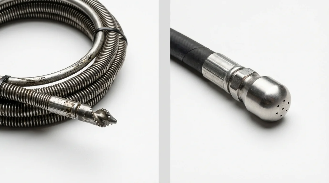 Drain snake cable and hydro jetting nozzle used for drain cleaning in Hinsdale, NH