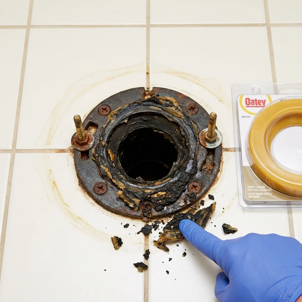 Failed wax ring showing water seepage at the base of a toilet in a Hinsdale, NH home