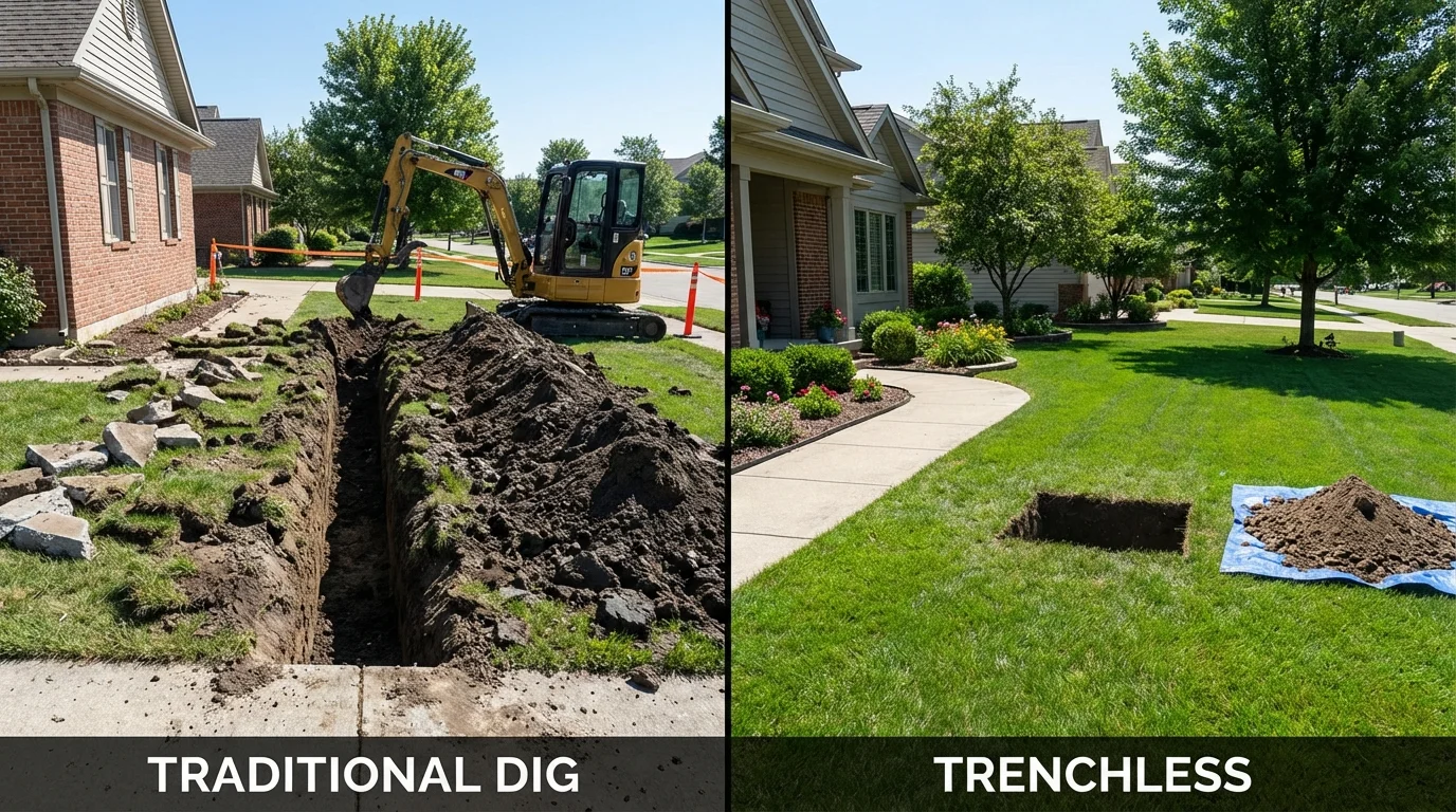 Trenchless sewer repair with minimal yard damage versus traditional excavation in Hinsdale, NH