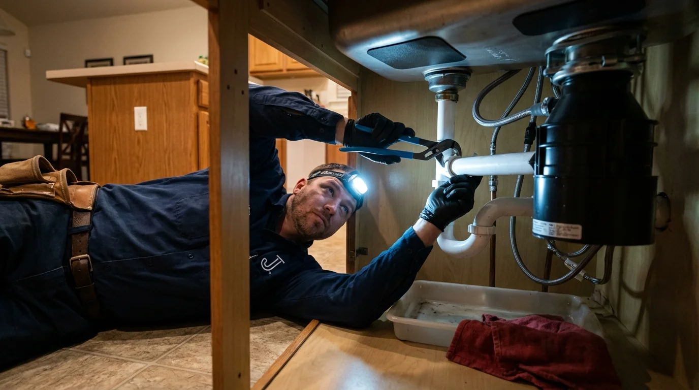 P-trap and supply line connections under a kitchen sink showing a common leak point in Hinsdale, NH